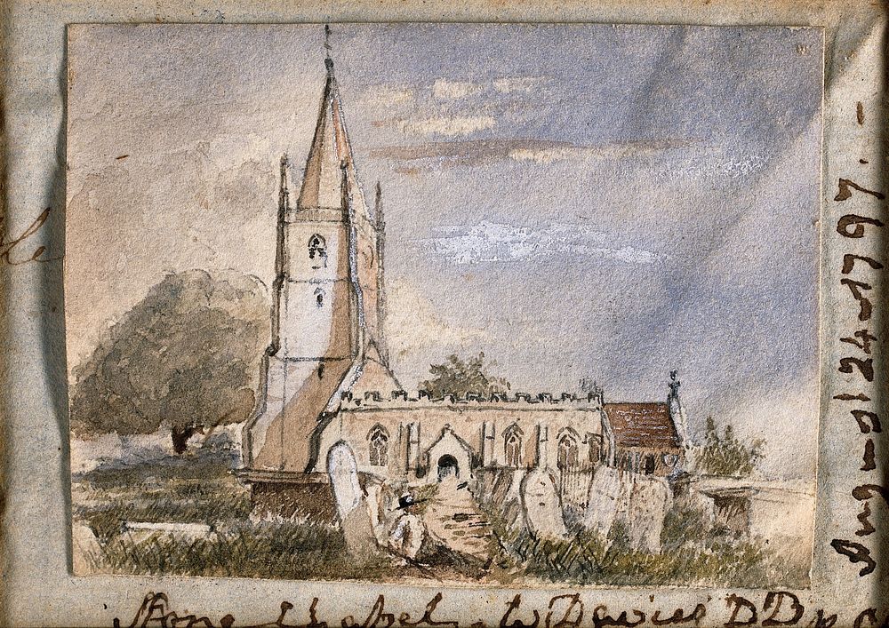 All Saints Church and graveyard at Stone, in Ham and Stone parish, near Berkeley, Gloucestershire. Watercolour attributed to…