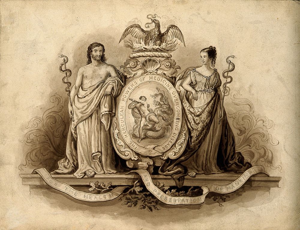 Aesculapius and Hygieia, with Hercules fighting the hydra; representing medicine. Watercolour painting.