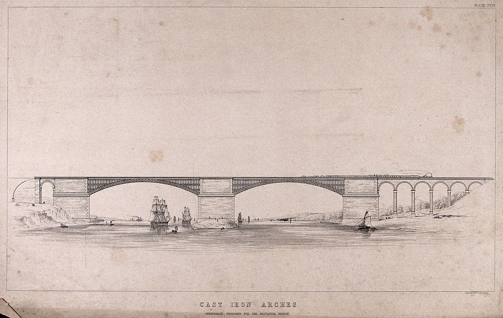 Civil engineering: a cast iron bridge, proposed for the Menai Straits. Lithograph, 1849, after E. Clark.