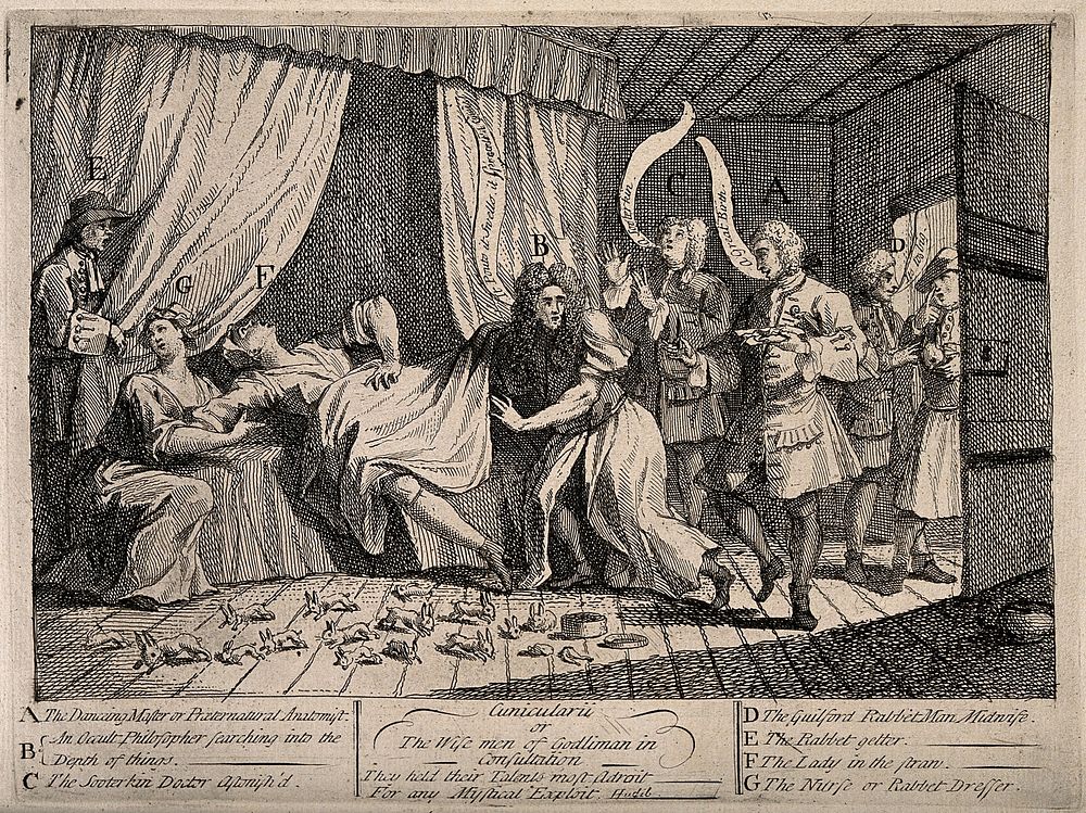 Mary Toft (Tofts) appearing to give birth to rabbits in the presence of several surgeons and man-midwives sent from London…