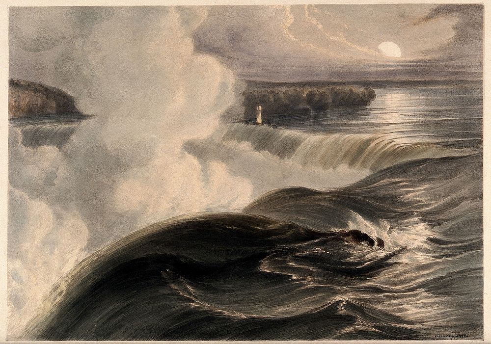 Geography: Niagara Falls, seen from nearby. Coloured lithograph.