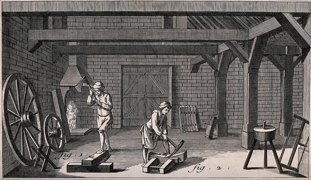 Men are working with picks and axes to make wheels for carriages and carts. Engraving by A.J. Defehrt after L.J. Goussier.