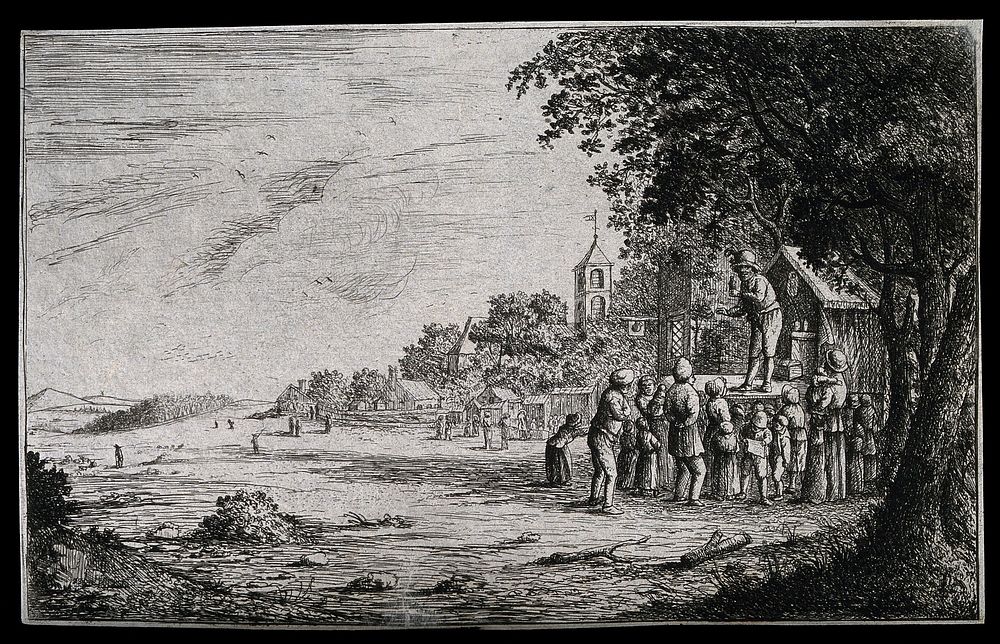 An itinerant medicine vendor selling his wares on stage as part of a performance to a small audience. Etching by D. Deuchar .