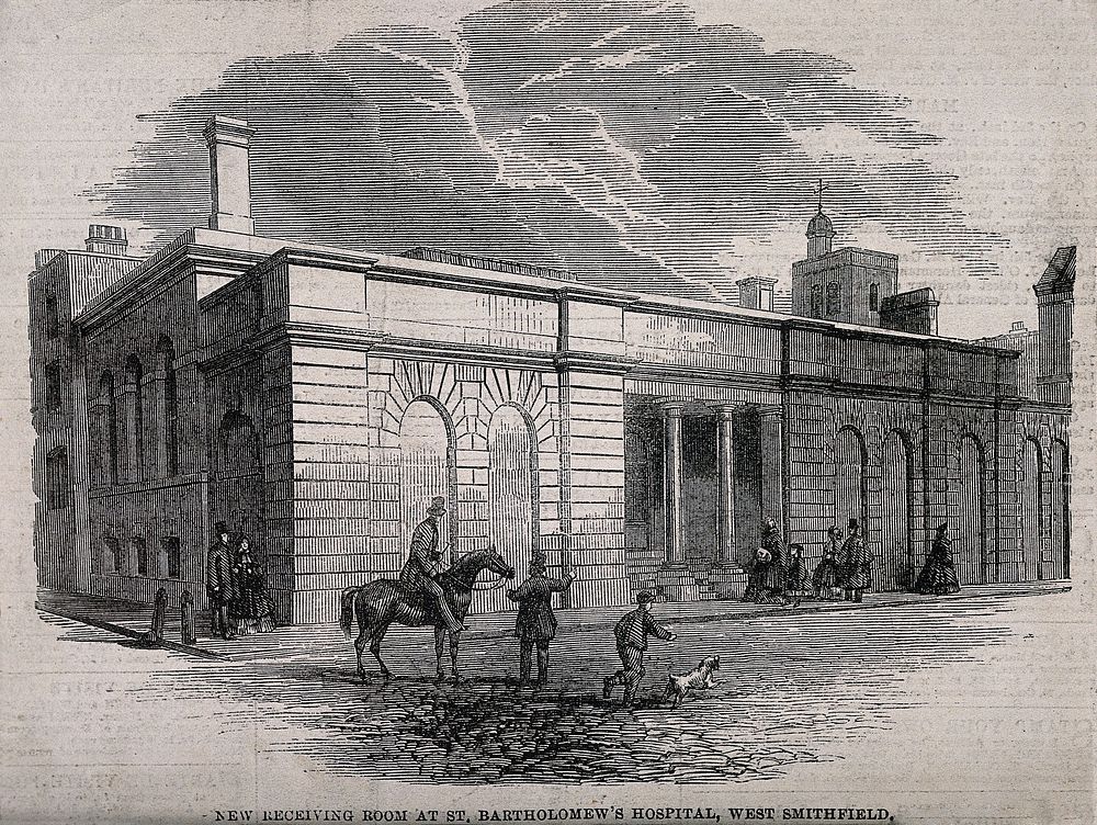 St Bartholomew's Hospital, London: the receiving room, seen from Smithfield. Wood engraving, 1862.