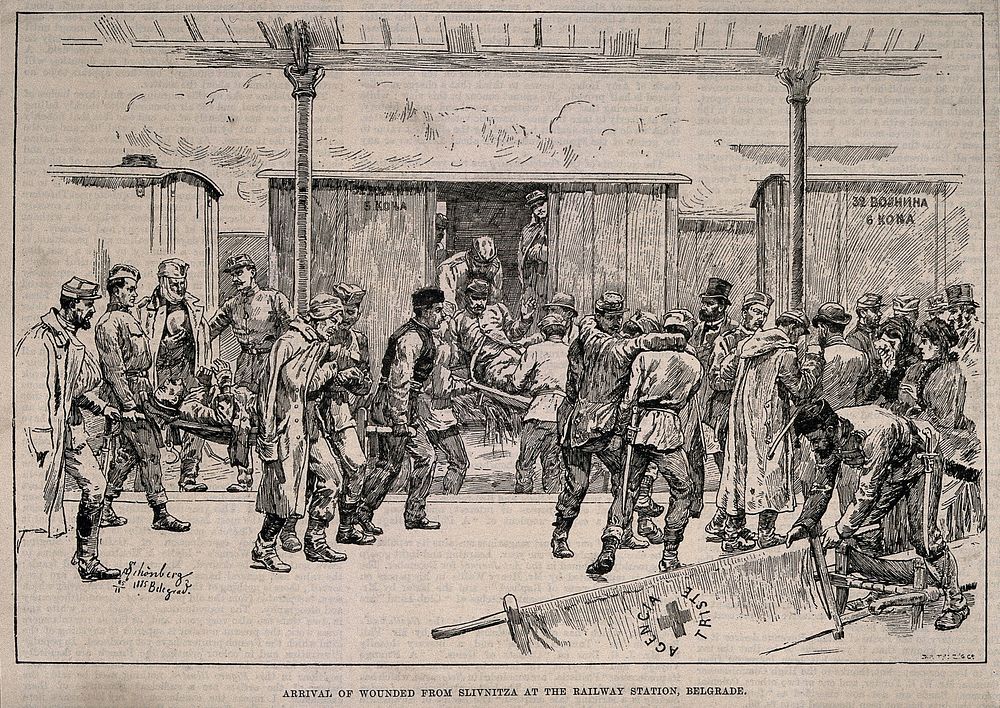 Serbo-Bulgarian War: arrival of wounded to Belgrade from Slivnitza. Wood engraving by J.N. Schönberg, 1885.