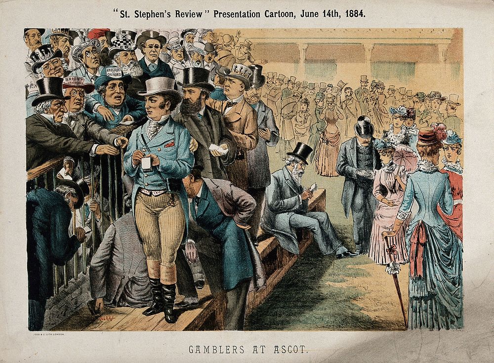 British politicians gambling at Ascot. Colour lithograph by Judd & Co. after Tom Merry, 14 June 1884.