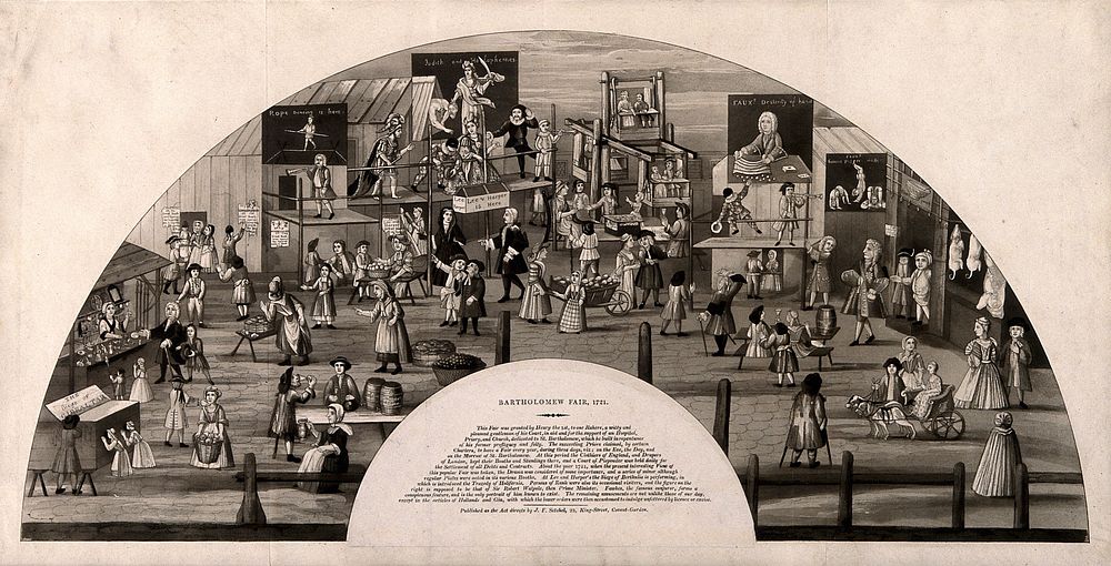 Bartholomew Fair, site of St. Bartholomew's Hospital, London, pictured in 1721. Aquatint with etching after T. Loggon, c.…