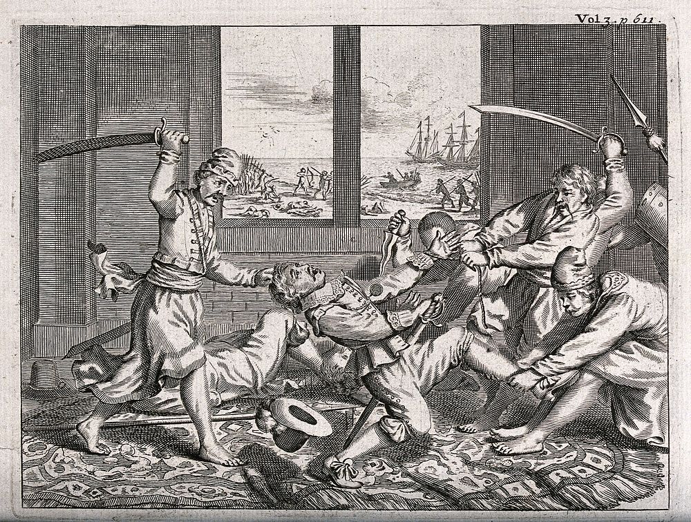 Sebald de Weert is killed in Batticaloa, Sri Lanka, by officers of the King of Kandy, 1603. Engraving.