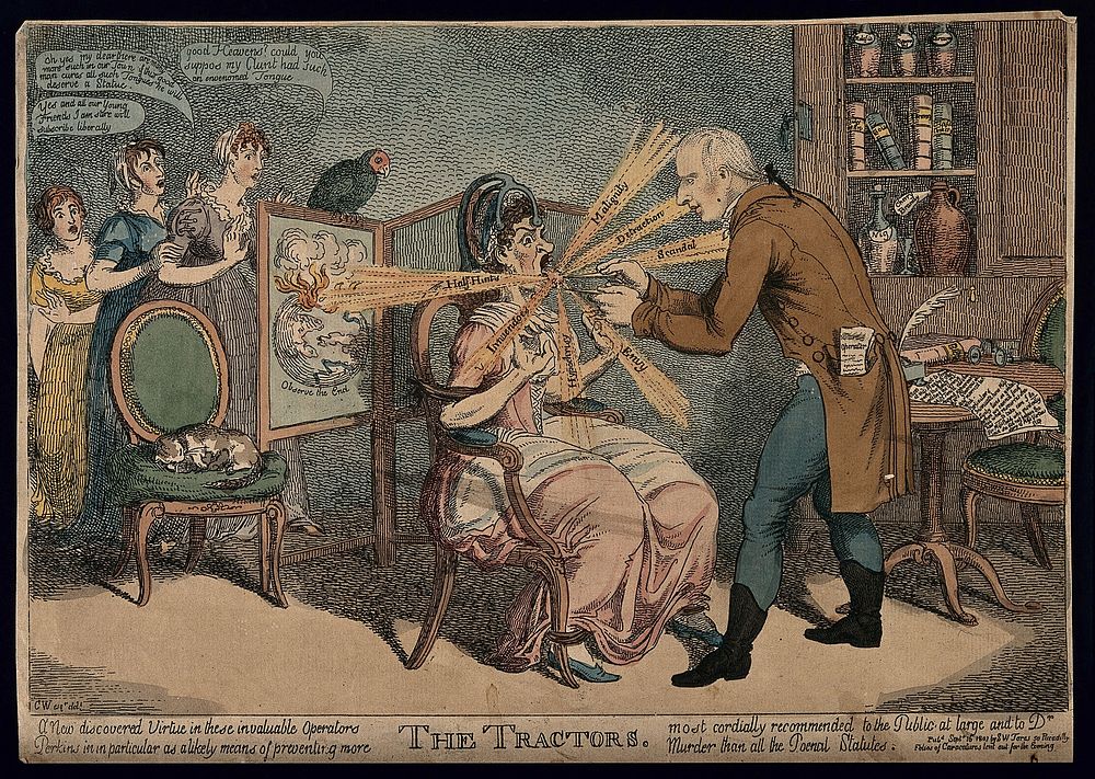 An operator treating Ann Ford, a society lady, with "Perkins's tractors", for her venomous tongue. Coloured etching by C.…