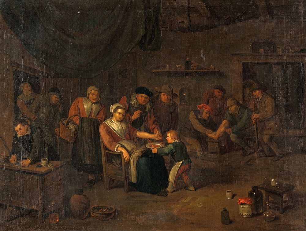 Interior of a surgery with a woman having blood let from the arm, a surgeon treating a man's injured foot, and other…