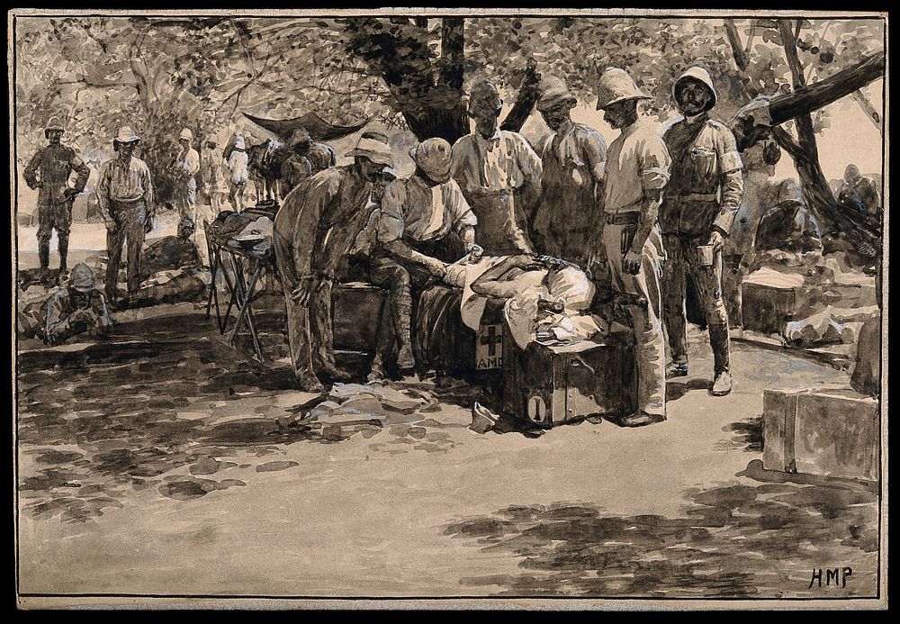 Boer War: a military physician bandages a wounded man in the open air, others watch. Wash drawing with gouache by H. M.…