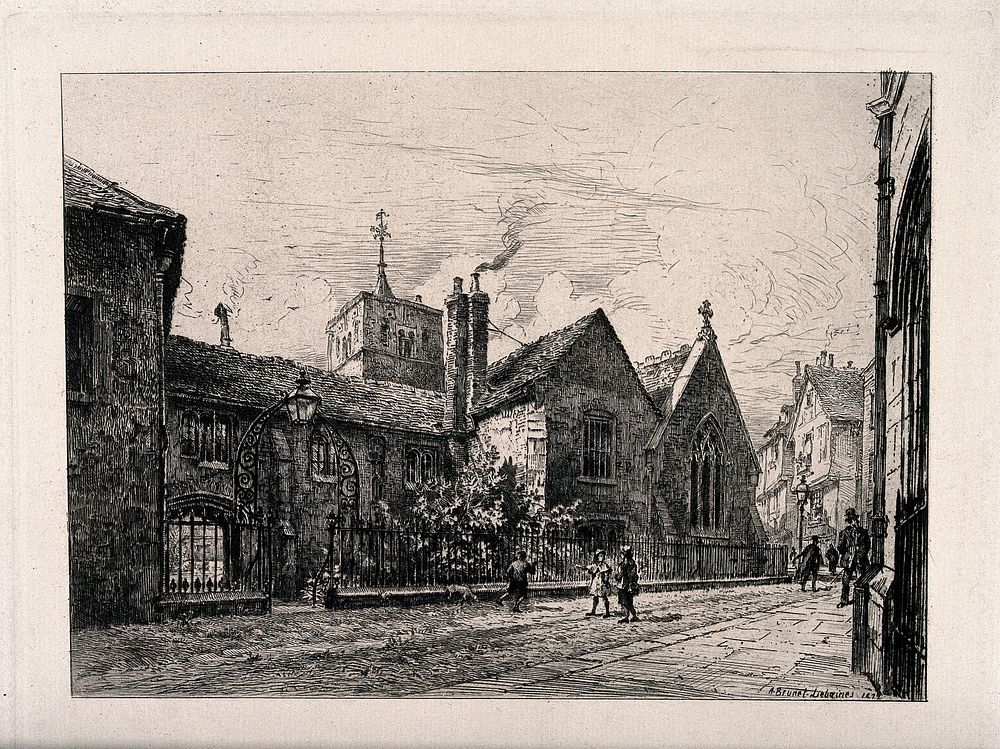 Corpus Christi College, Cambridge. Etching by A. Brunet Lebaines, 1879.