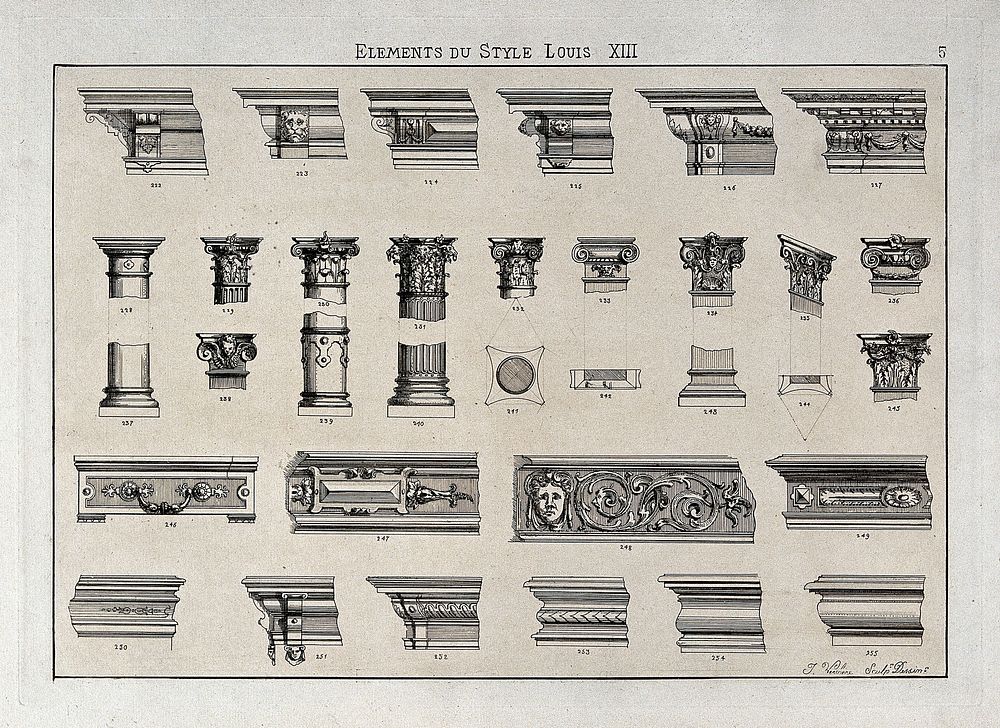 Cabinet-making: decorative architectural elements. Etching by J. Verchère after himself.
