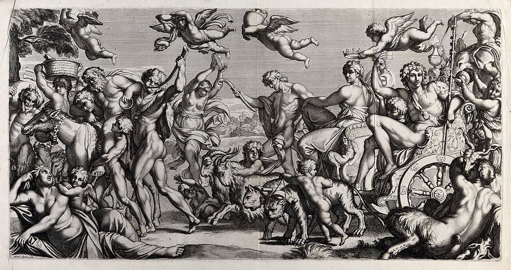 Bacchus and Ariadne on a chariot accompanied by bacchants, Silenus etc. Engraving after C. Cesio after Annibale Carracci.