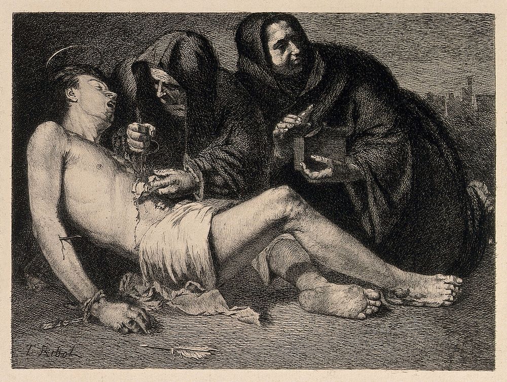 Martyrdom of Saint Sebastian. Etching by T. Ribot.