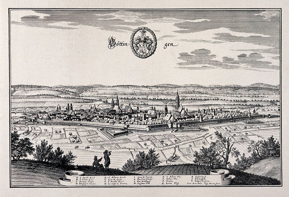Göttingen, Germany: panorama and key. Reproduction of a line engraving by K. Merian.