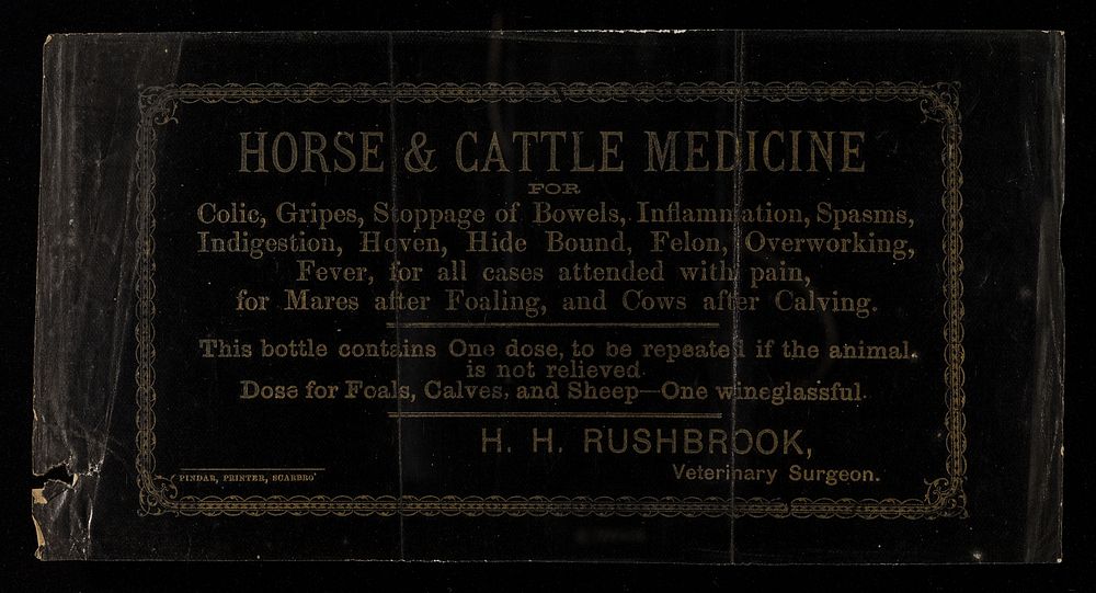 Horse & cattle medicine for colic, gripes, stoppage of bowels, inflammation, spasms, indigestion, hoven, hide bound, felon…