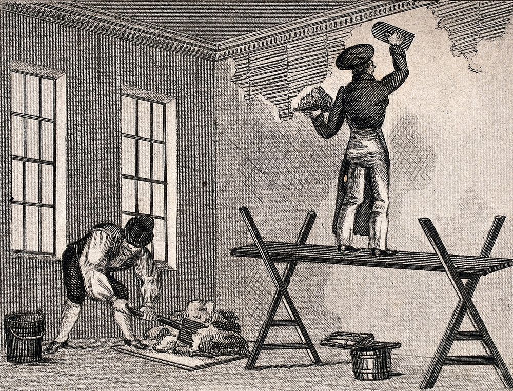 One man is mixing plaster on a board on the floor and another is applying it to the walls. Engraving.