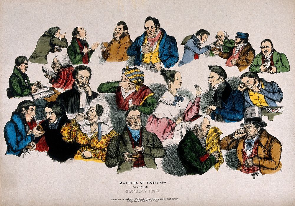 Different types of snuff takers. Coloured lithograph by W. Clerk after J. J. Grandville.
