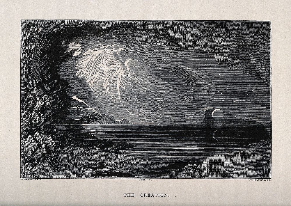 God creates light over the waters. Wood engraving by Thompson after J. Martin.