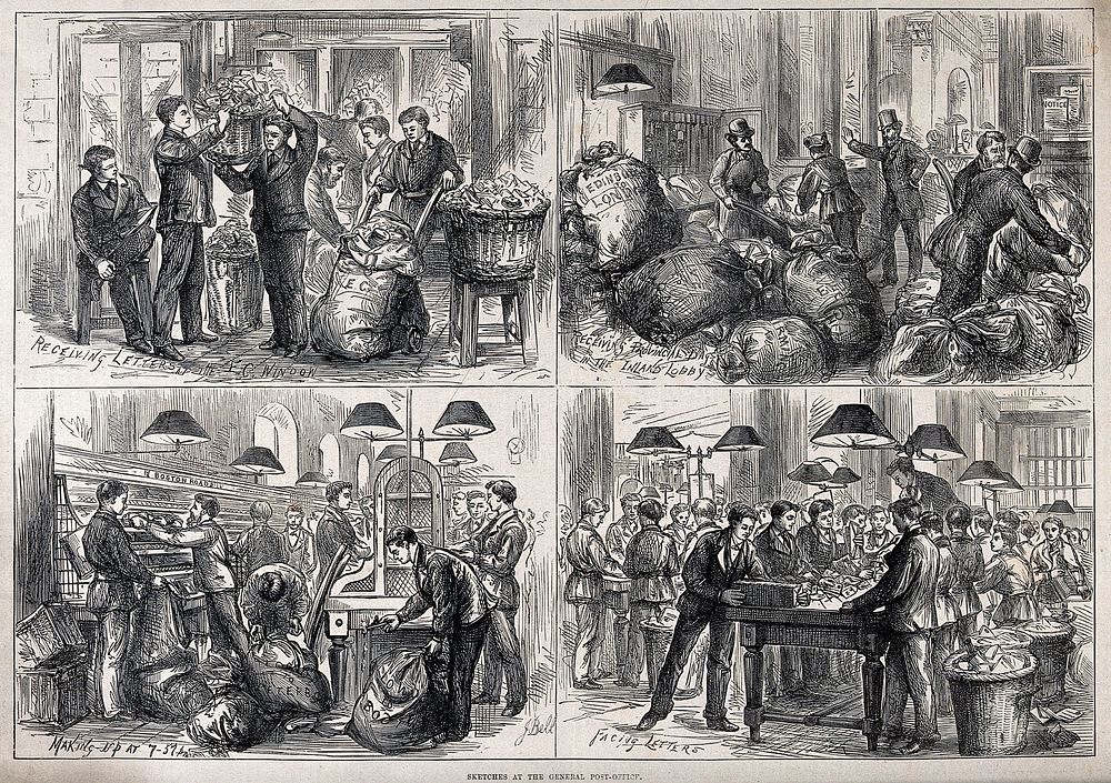 Scenes inside the General Post Office at St Martin's-le-Grand, London. Wood engraving by J. Bell, 1875.
