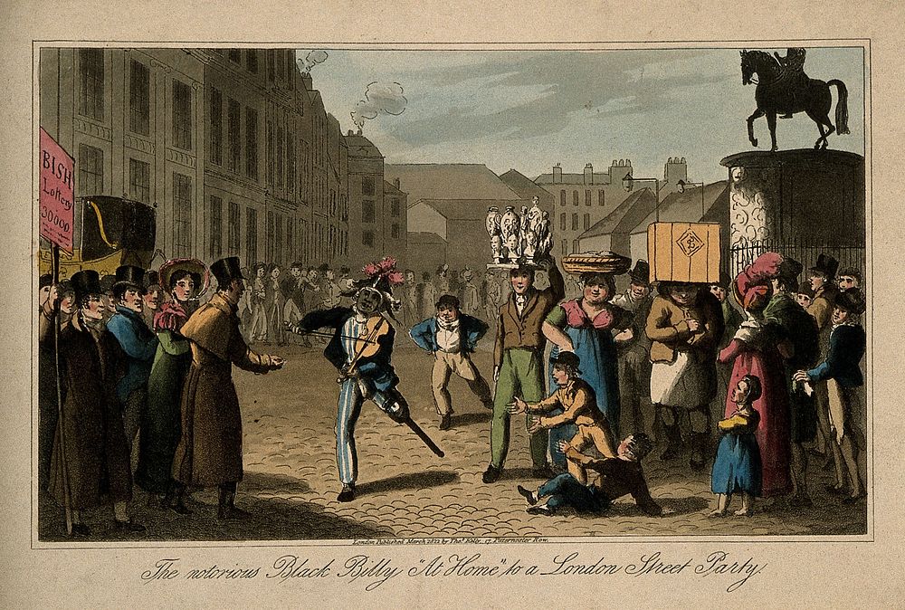 Billy Waters, a one legged busker, in a crowded London street. Coloured aquatint, 1822.