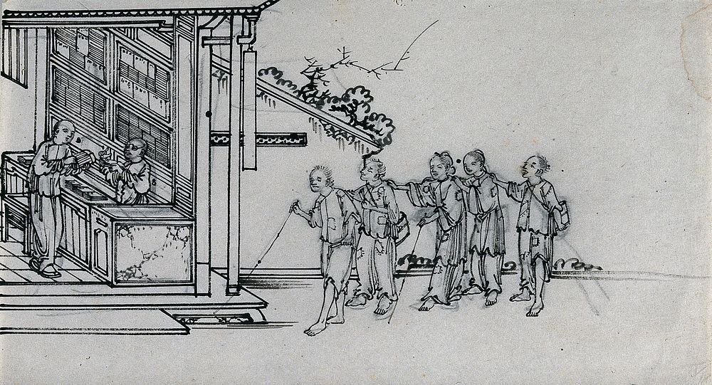 A line of blind Chinese beggars approaching a shop. Ink drawing, China, 18--.