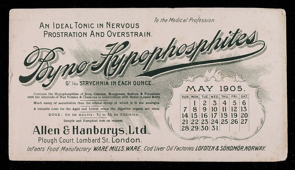 Byno-Hypophosphites : an ideal tonic in nervous prostration and overstrain : May 1905.