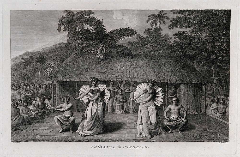 Young men and women in Tahiti, dancing. Engraving by J.K. Sherwin, 1784, after J. Webber.
