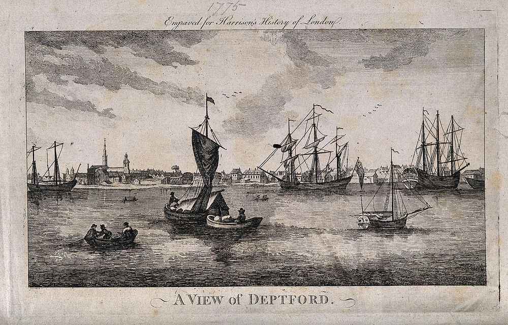 The Thames at Deptford, with several ships at anchor, men in a rowing-boat in the foreground left. Engraving by J. Royce…