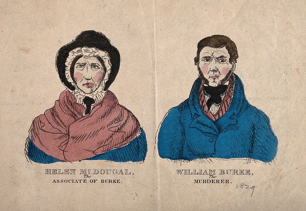 Portraits of William Burke (1792-1829) and Helen McDougal (b. c. 1795), on trial in Edinburgh in 1828 for the West Port…