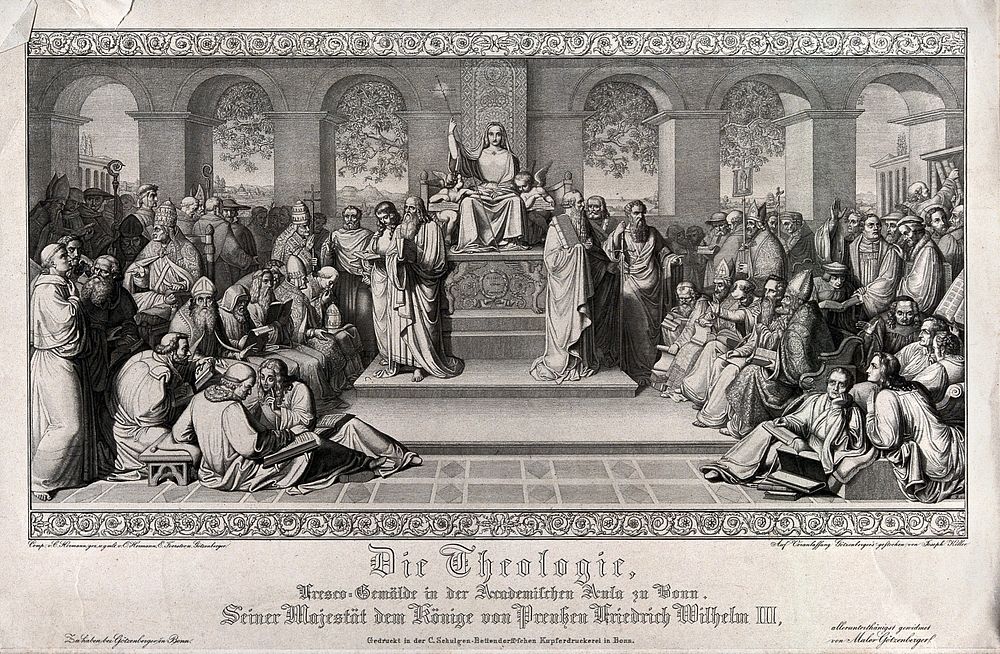 An allegory of theology with the catholic faction on the left, the protestant faction on the right. Engraving by J. von…