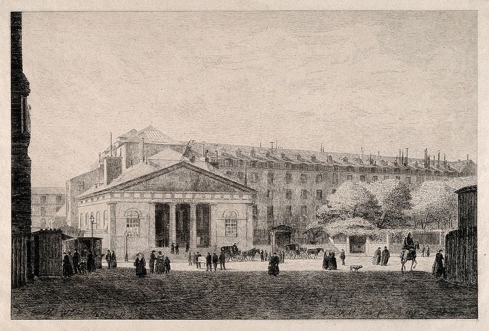 The Hôtel Dieu, Paris: panoramic view with busy foreground. Etching by Grimdel, 1877, after himself, 1868.