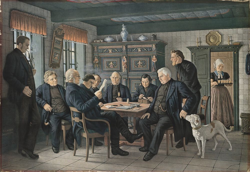 A parish council meeting. Colour process print after C.L. Jessen (Jessen-Deetzbüll), 1905.