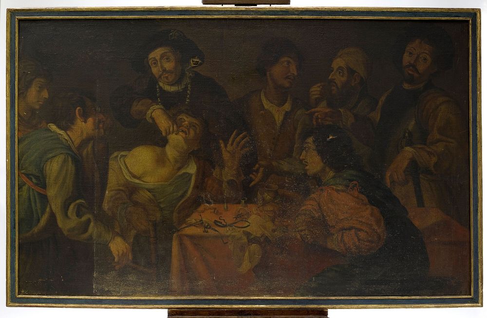 A troupe of travelling performers including a toothdrawer. Oil painting after Theodor Rombouts.