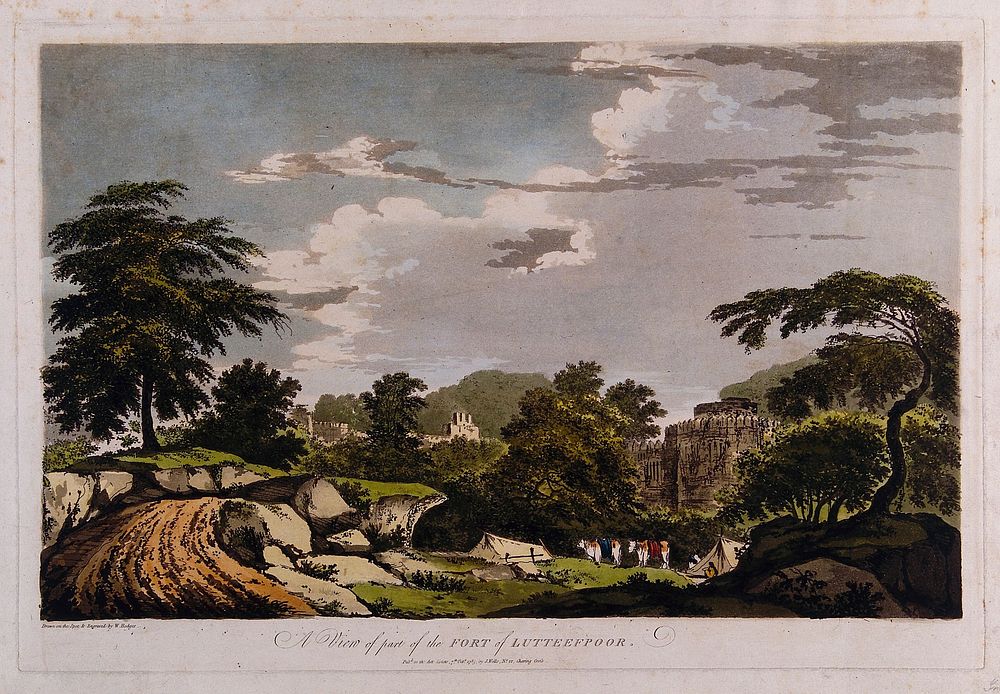 Landscape with fort at Latifpur, Bihar. Coloured etching by William Hodges, 1785.
