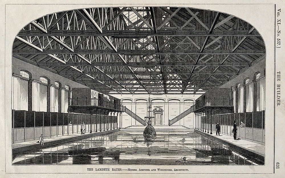 Interior of Lambeth baths. Wood engraving by W. E. Hodgkin, 1853.