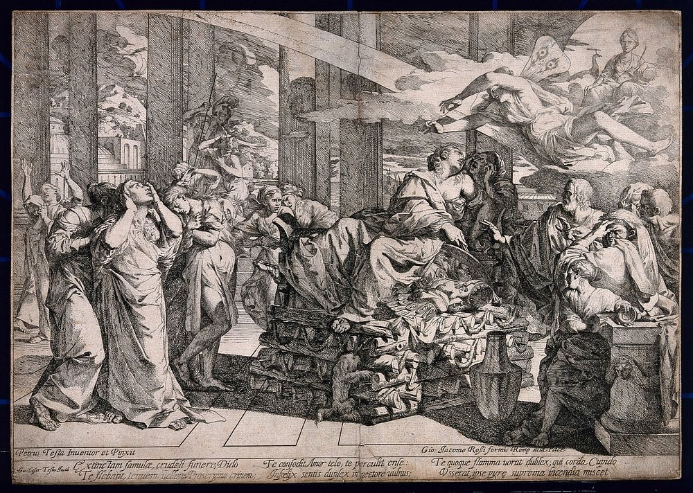 The suicide of Dido: Dido seated on a pyre surrounded by distressed servants. Etching by G.C. Testa after P. Testa.