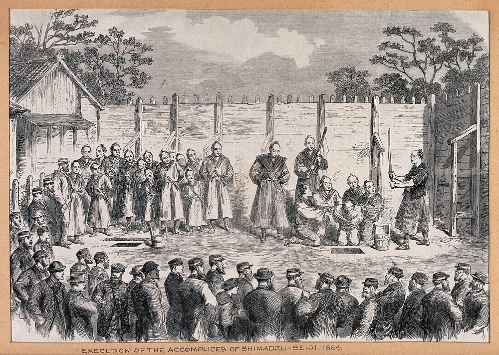The beheading of the accomplices of the murderers of two British officers in Japan, 1864. Wood engraving after C. Wirgman…