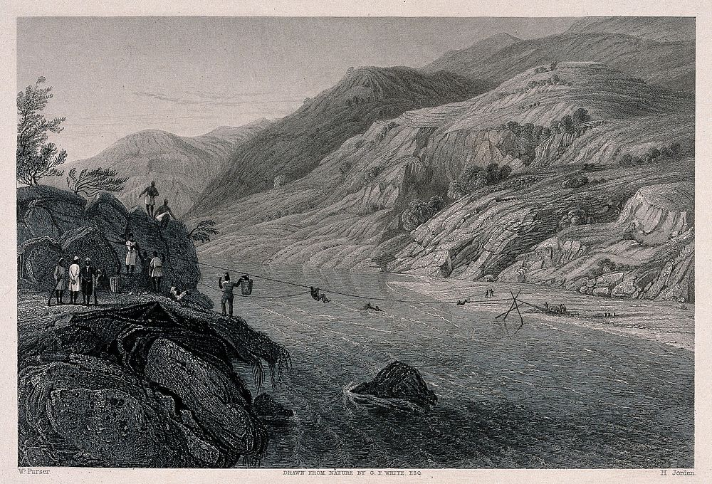 Use of a rope system (zip wire) to transport people and goods across the river Tons in the Himalayas. Engraving by H. Jorden…