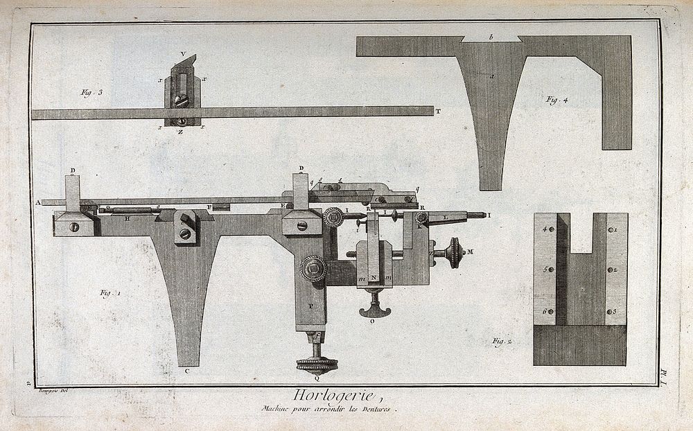 Clocks: side elevation of a machine for profiling teeth on gearwheels. Engraving by R. Bénard after Bourgeois.
