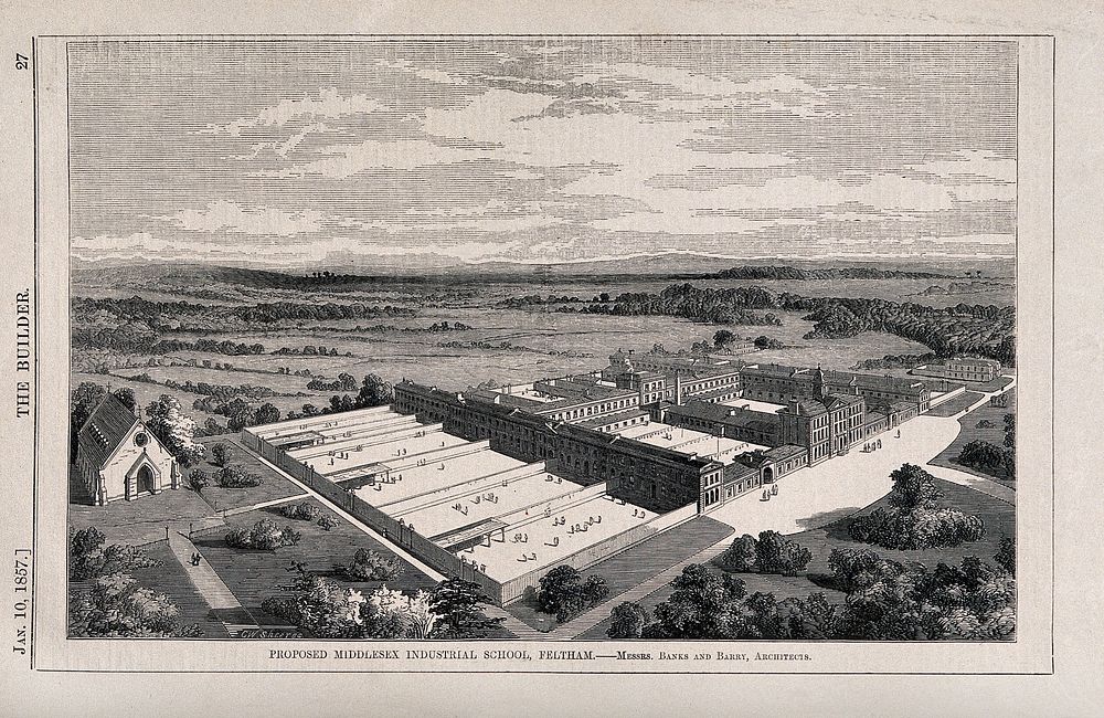 Middlesex Industrial Schools, Feltham, Middlesex: aerial scene. Wood engraving by C.W. Sheeres, 1857, after Banks and Barry.