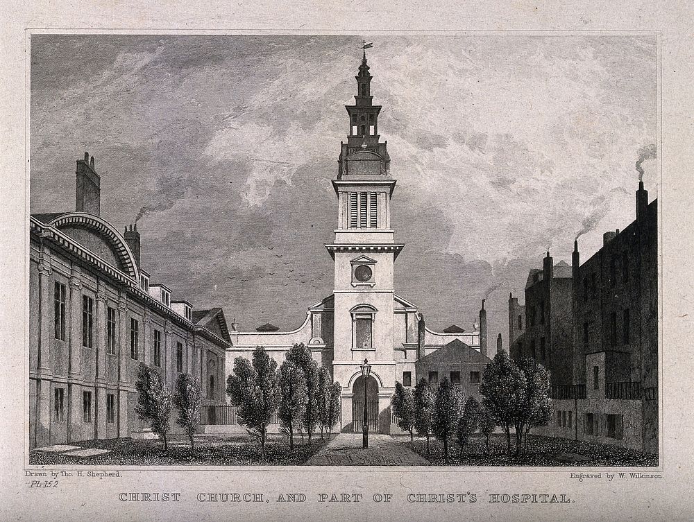 Christ's Hospital, London: the church and the quadrangle. Engraving by W. Wilkinson after T. H.Shepherd.