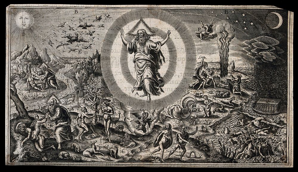 God appears in a circle surrounded by images from the stories of the Creation, Adam and Eve, and Noah. Line Engraving.