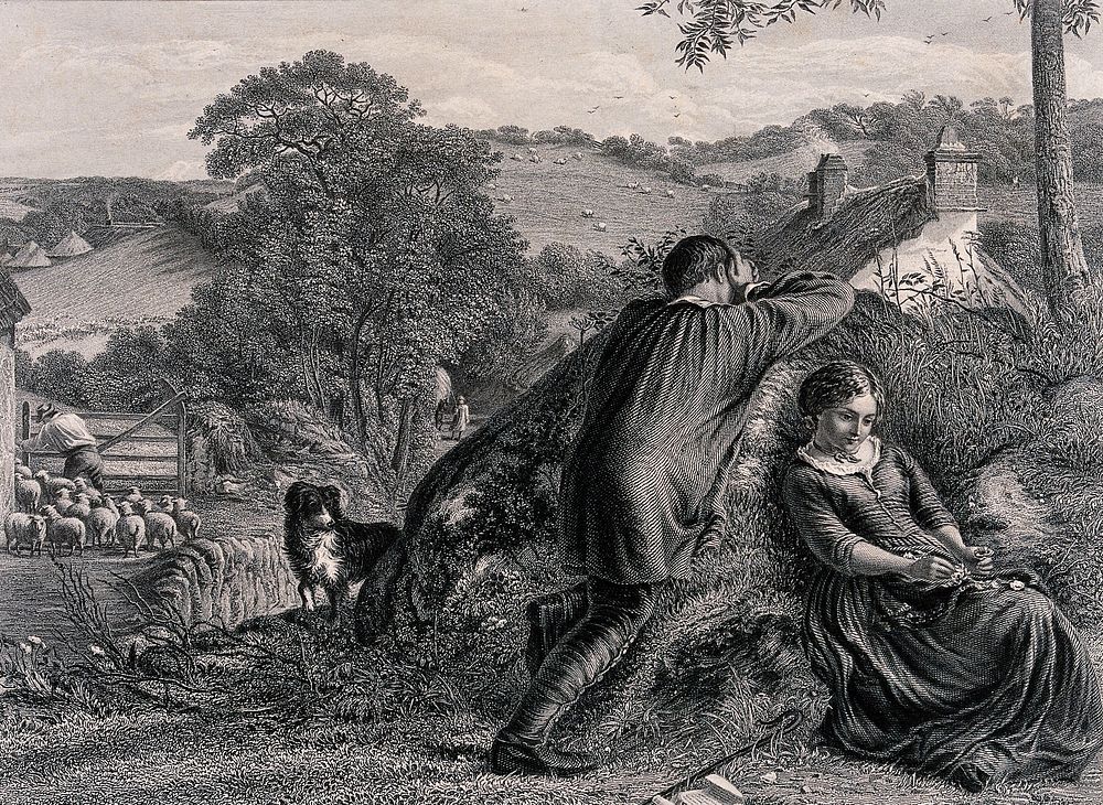 On farm land, a young man and young woman turn away from each other in a lovers' quarrel. Engraving by R. Wallis after J.C.…