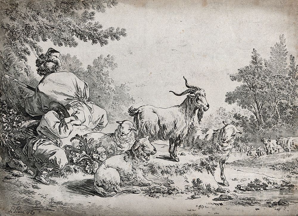 A herder resting with his flock of goats near a river. Etching and aquatint by J. B. Leprince, 1769.