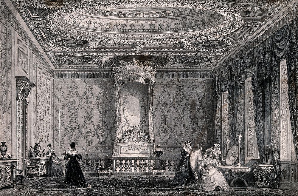 A bedroom in a palace: a queen or noblewoman is sitting at a dressing table being dressed by her maids. Engraving, 18--.