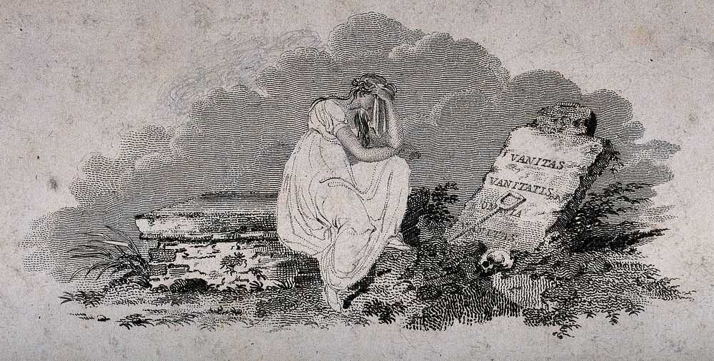 A young woman weeping over a tombstone in a graveyard. Etching with engraving.