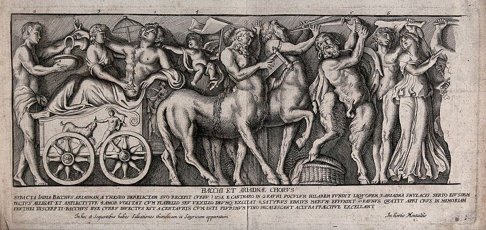 A frieze depicting the revelling of Ariadne and Bacchus, accompanied by fawns, centaurs and satyrs. Etching and engraving.