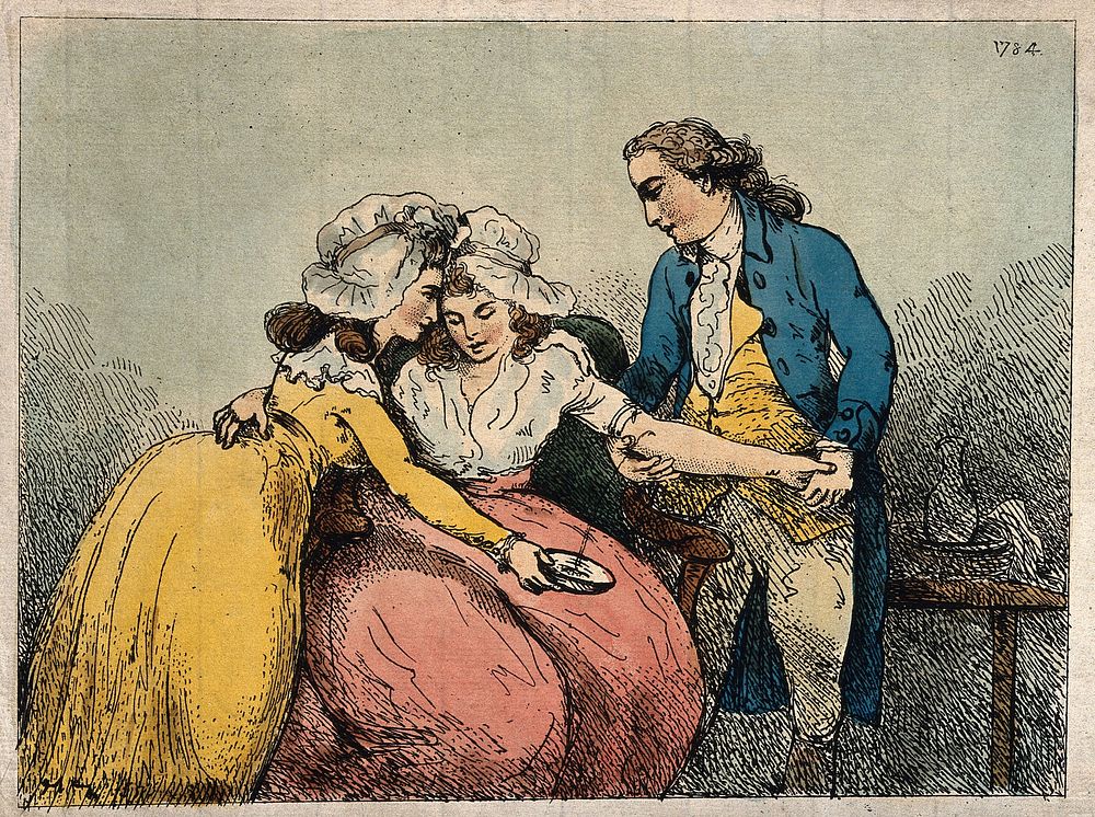A surgeon bleeding the arm of a young woman: she is being comforted by another woman. Coloured etching by T. Rowlandson …